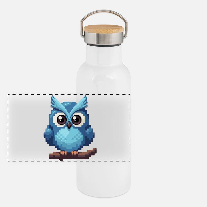 Pixel Eule – Retro 8-Bit Style Panorama Thermosflasche mit Bambusdeckel