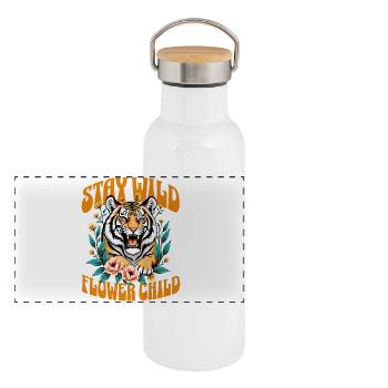 Tiger Shirt: Stay wild flower child. Boho Tshirt - Panoramic Thermal Bottle with Bamboo Lid - white - Front