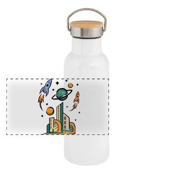 Futuristische Stadt mit Raketen - Panorama Thermosflasche mit Bambusdeckel - Weiß - Vorne