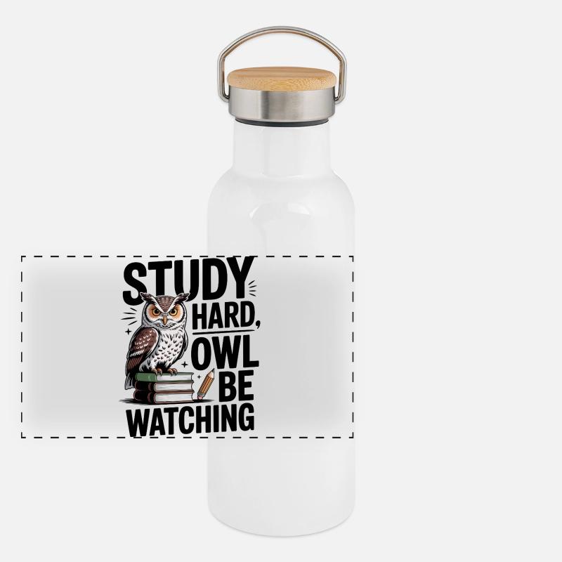 weise Eule Panorama Thermosflasche mit Bambusdeckel