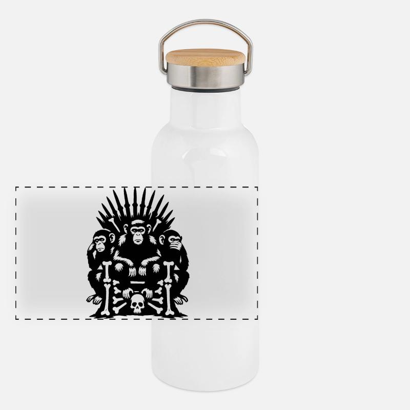 Affen auf Totenkopf und Knochen Thron Panorama Thermosflasche mit Bambusdeckel