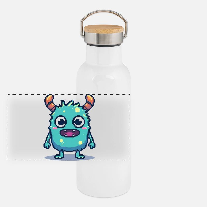 8-Bit Cute Pixel Monster Retro 90s Style Panoramic Thermal Bottle with Bamboo Lid