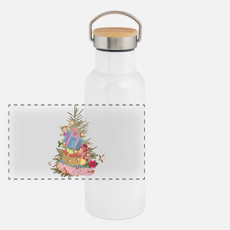 Weihnachtsbaum mit Geschenken und Lebkuchen Panorama Thermosflasche mit Bambusdeckel