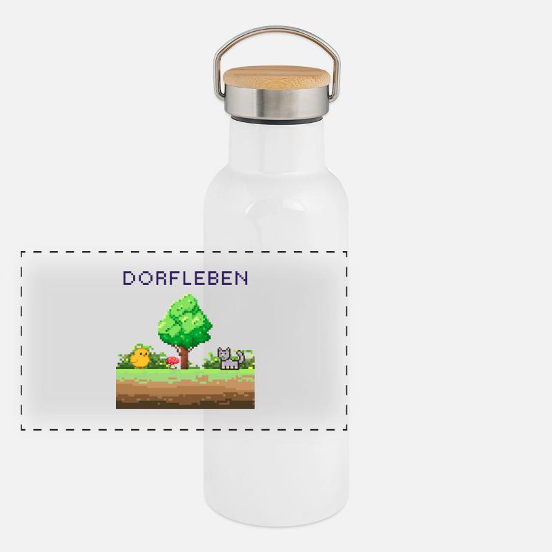 Dorflleben Pixelwelt Panorama Thermosflasche mit Bambusdeckel
