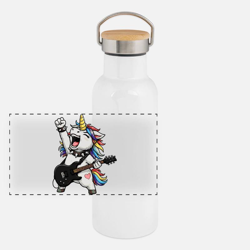 Regenbogen-Einhorn-Rocker Panorama Thermosflasche mit Bambusdeckel