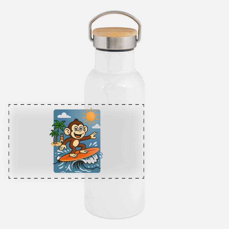 Dessin animé du singe surfeur - Design tropical d’été Gourde isotherme avec bouchon en bambou