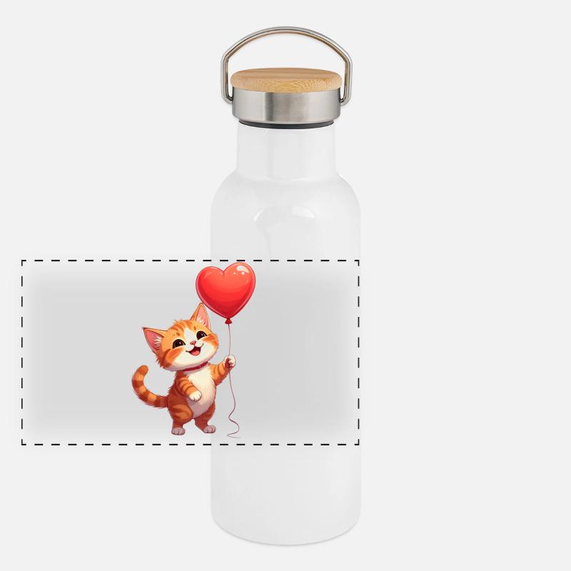 Katze mit Herzluftballon zum Valentinstag Panorama Thermosflasche mit Bambusdeckel