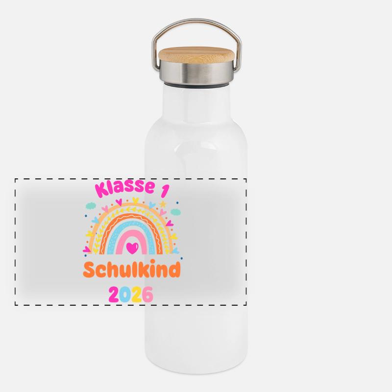 Klasse 1 Schulkind 2026 Regenbogen Einschulung Panorama Thermosflasche mit Bambusdeckel