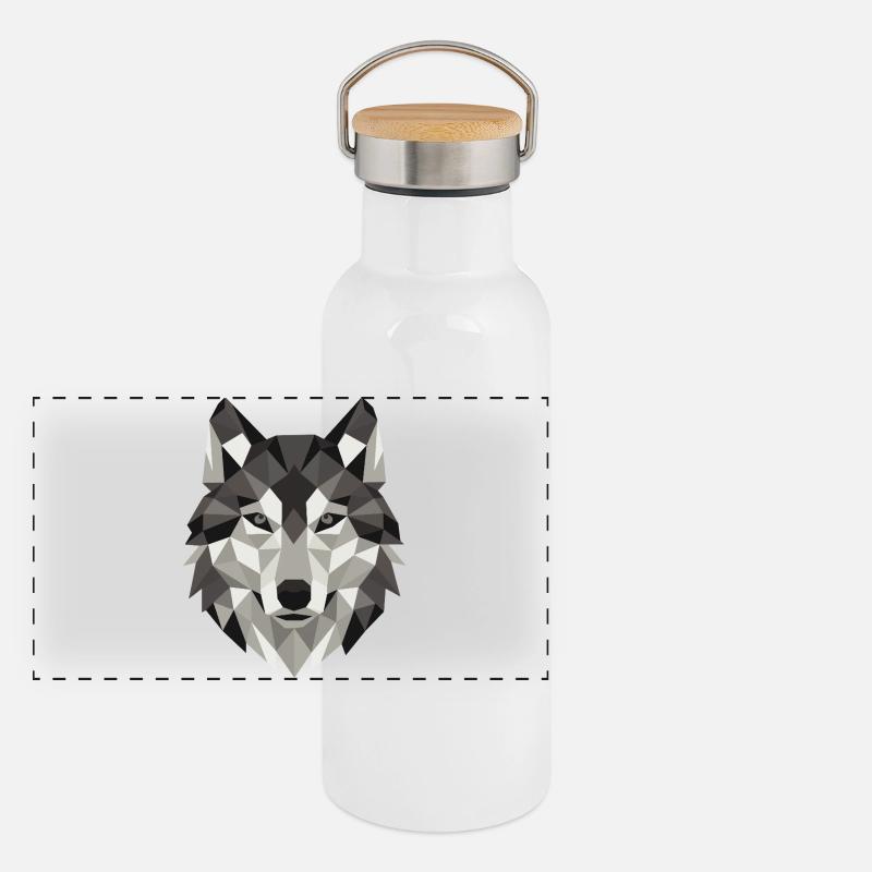 Wolf Head Lowpoly Geometry - Panoramic Thermal Bottle with Bamboo Lid - white