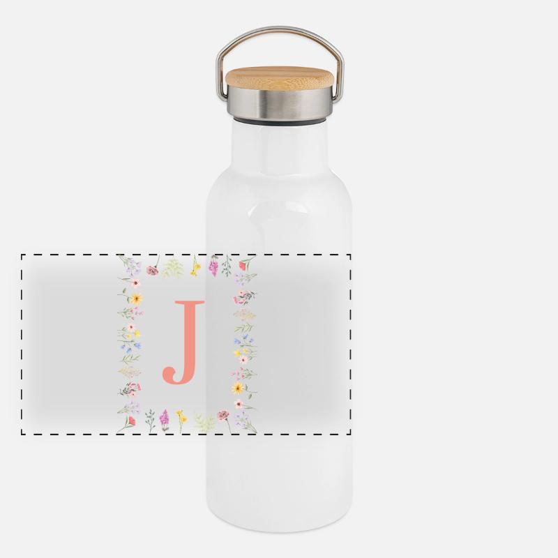 Florale Initialen "J ", Buchstaben Monogramm  Panorama Thermosflasche mit Bambusdeckel