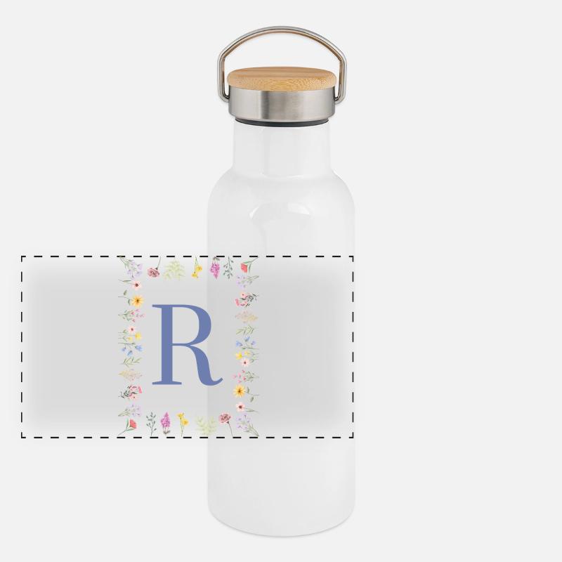 Floral Initialen "R", Buchstaben Monogramm Panorama Thermosflasche mit Bambusdeckel