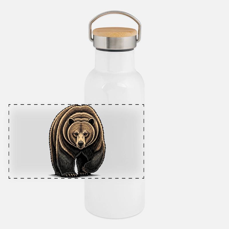 Bear Watcher Linienillustration Panorama Thermosflasche mit Bambusdeckel