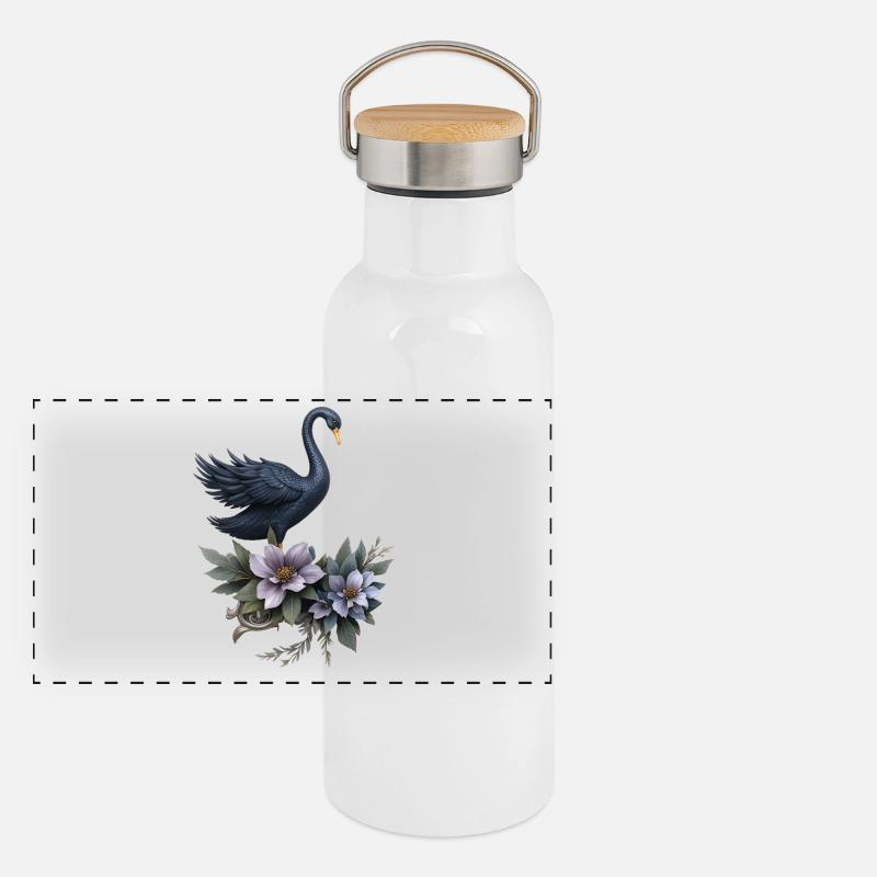 Cygne noir avec des fleurs de lilas Gourde isotherme avec bouchon en bambou