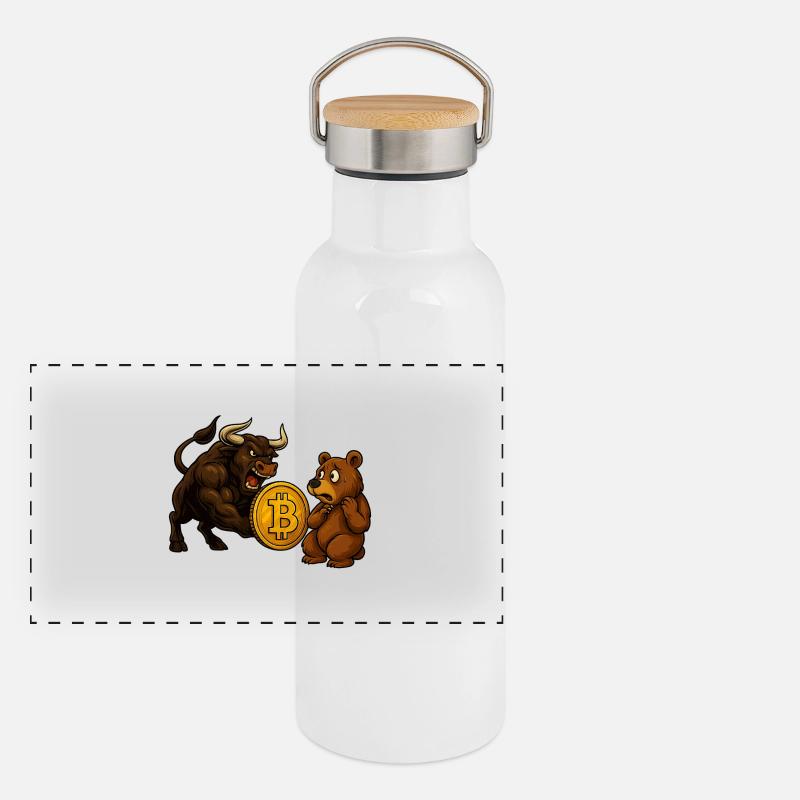 Bitcoin Bull vs. Bear Panorama Thermosflasche mit Bambusdeckel