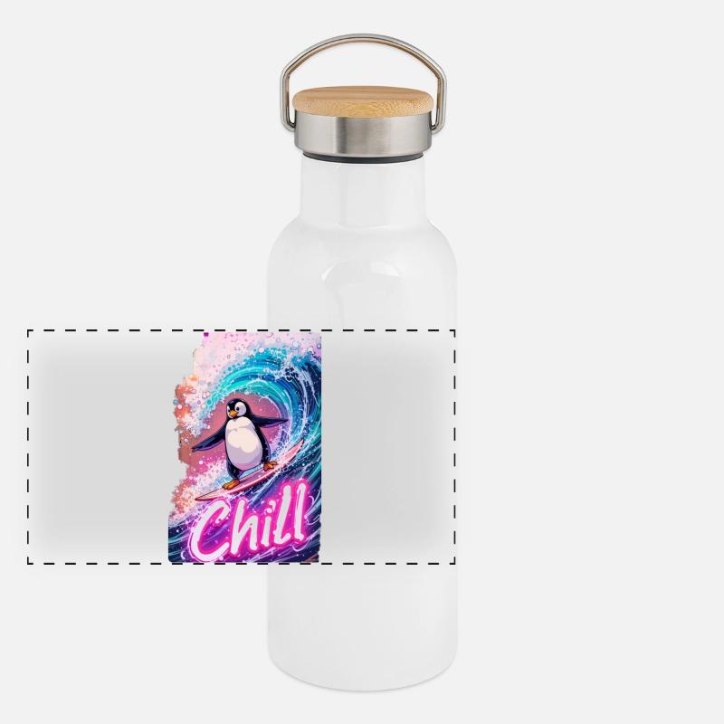 Surfing Penguin - Panoramic Thermal Bottle with Bamboo Lid - white
