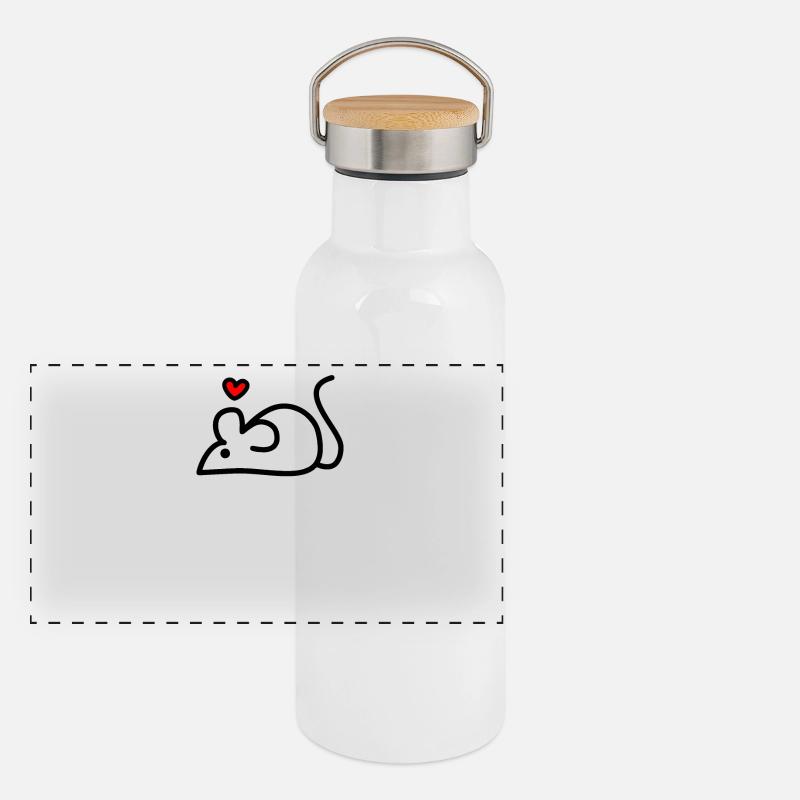 eine weiße Maus mit Herz Panorama Thermosflasche mit Bambusdeckel