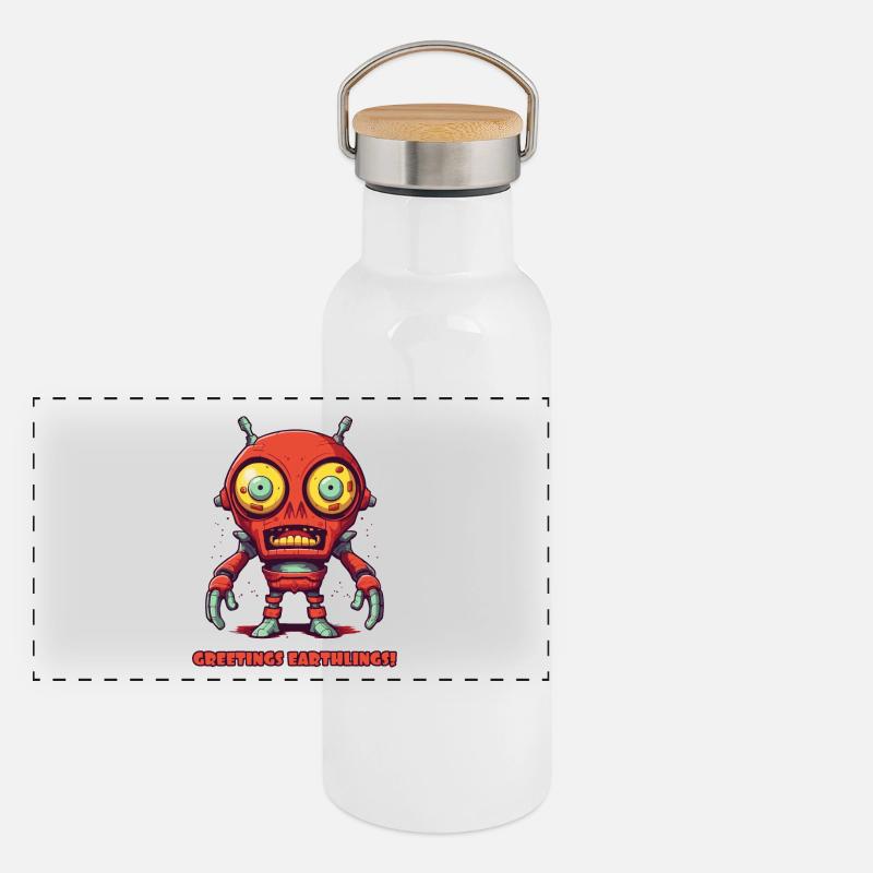 Grüße Erdlinge – Alien-Roboter Panorama Thermosflasche mit Bambusdeckel