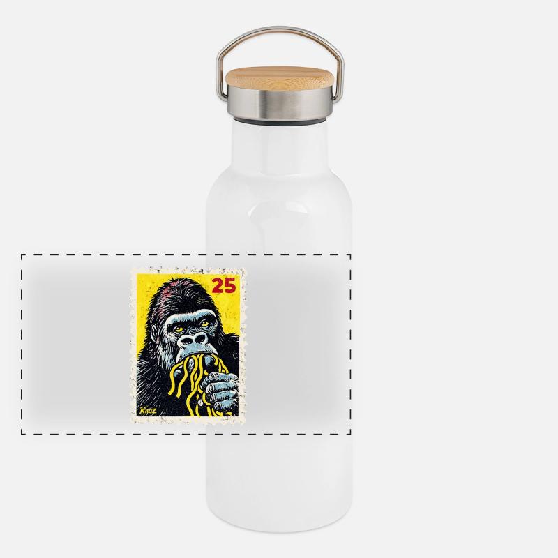 Gorilla isst Nudeln – Comic-Briefmarke Panorama Thermosflasche mit Bambusdeckel