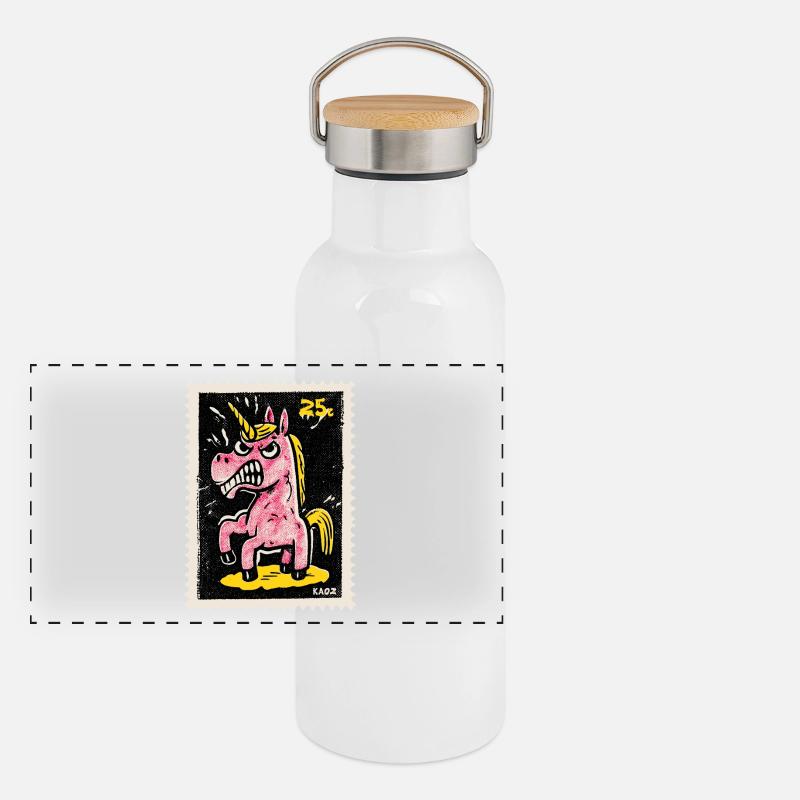 Wütendes Einhorn als Comic-Briefmarke Panorama Thermosflasche mit Bambusdeckel