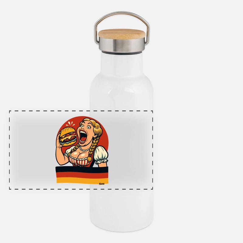 Dirndl-Frau isst Riesen-Burger Panorama Thermosflasche mit Bambusdeckel
