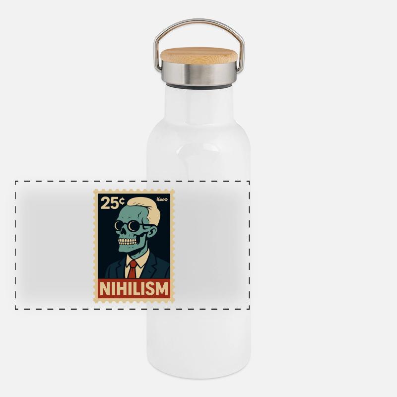 Nihilism Postage Stamp – Skeleton in Suit Panoramic Thermal Bottle with Bamboo Lid