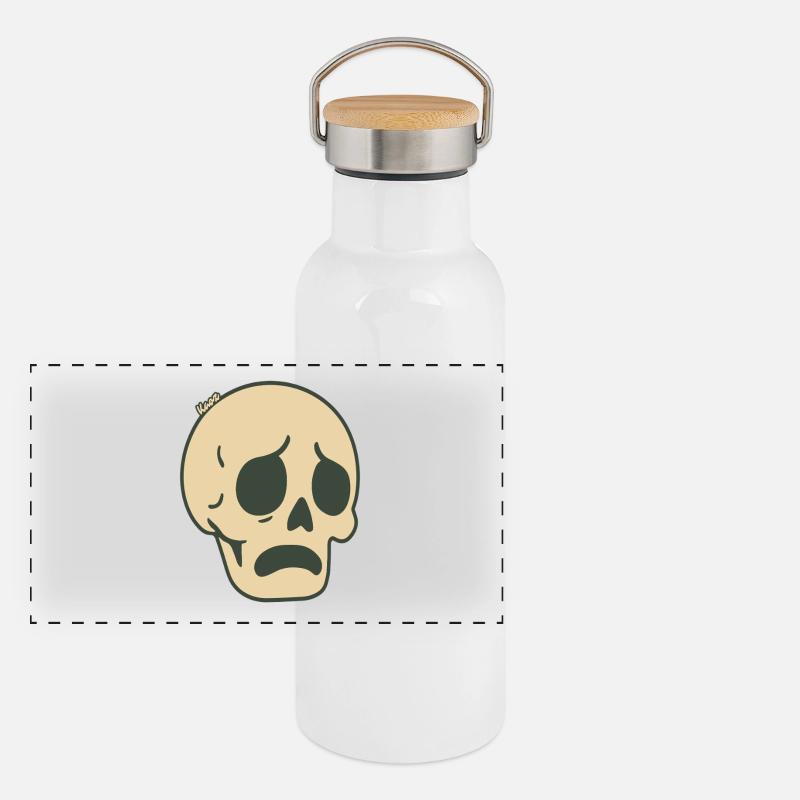 Trauriger Totenschädel – Comic Sticker-Design Panorama Thermosflasche mit Bambusdeckel
