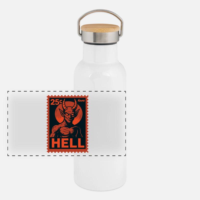 Devil Postage Stamp Hell Motif Retro Look Panoramic Thermal Bottle with Bamboo Lid
