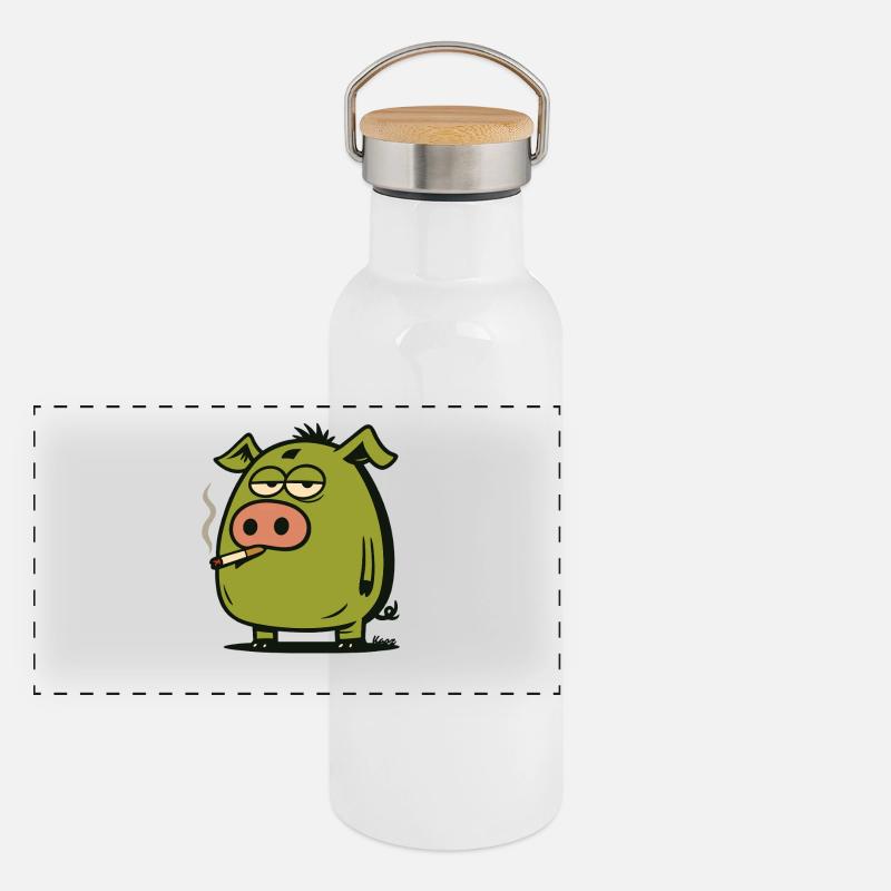 Grünes Comic Schwein Panorama Thermosflasche mit Bambusdeckel