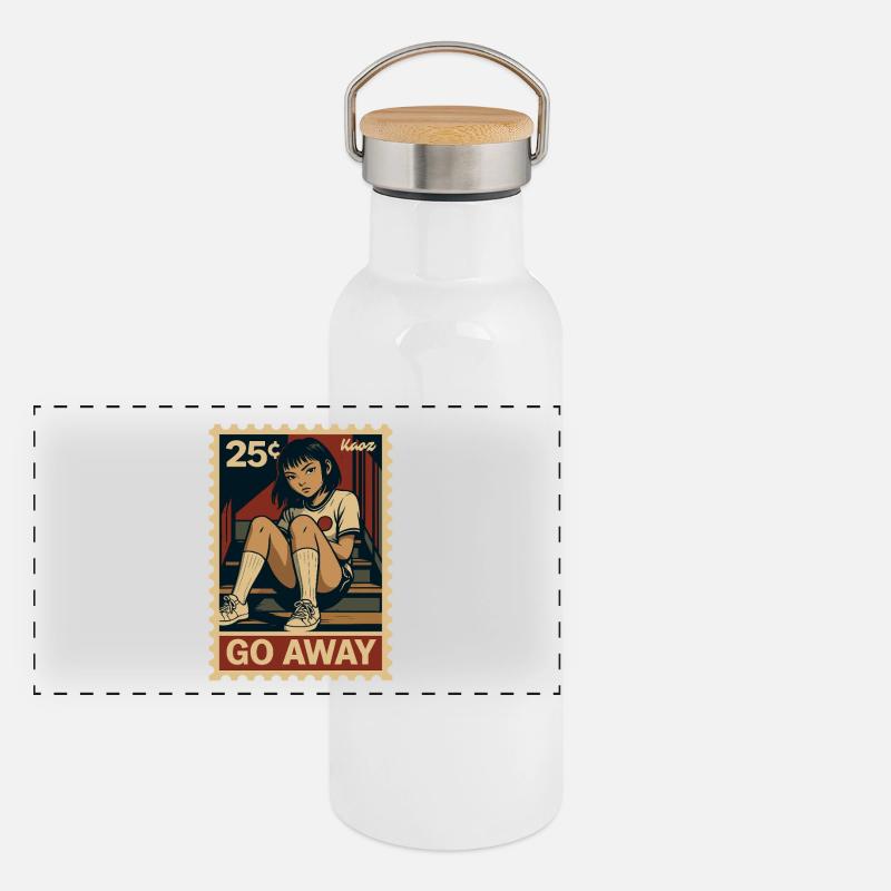 Comic Mädchen auf Treppe Briefmarke, geh weg! Panorama Thermosflasche mit Bambusdeckel