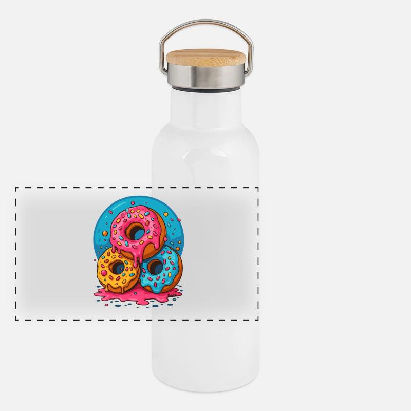 Three colorful donuts with icing and sprinkles Panoramic Thermal Bottle with Bamboo Lid