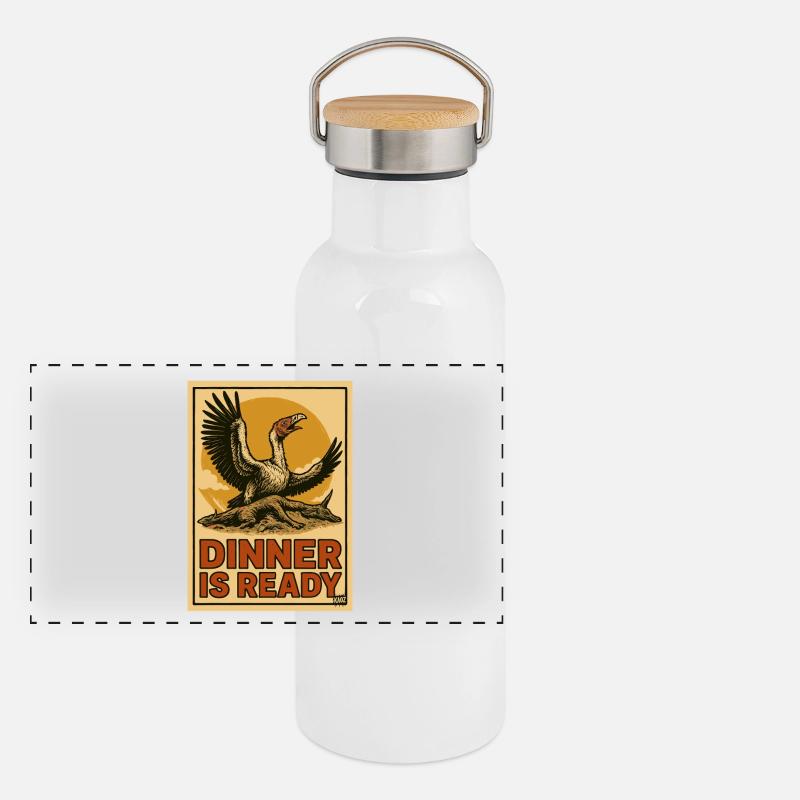 Vautour sur la carcasse avec le texte « La nourriture est prête » Gourde isotherme avec bouchon en bambou