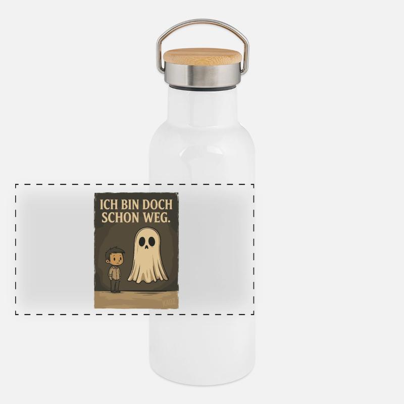 Junge mit Geist und Text „Ich bin doch schon weg“ Panorama Thermosflasche mit Bambusdeckel