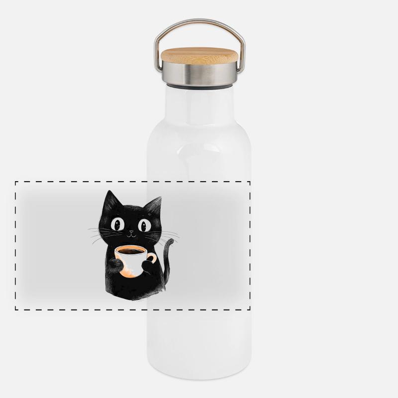 Cute Cat with Coffee - Sketch Style Panoramic Thermal Bottle with Bamboo Lid