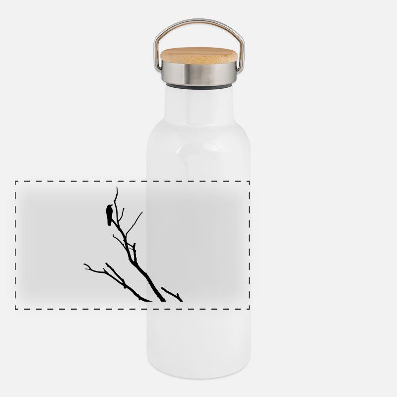 Rabe auf Ast Panorama Thermosflasche mit Bambusdeckel