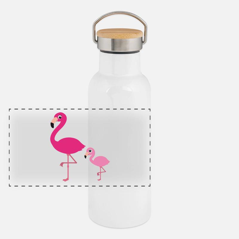 Flamingo Mutter mit Kind Panorama Thermosflasche mit Bambusdeckel