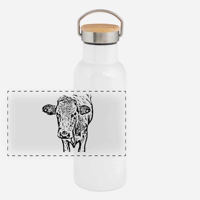 Kuh schwarz Kuhkopf Panorama Thermosflasche mit Bambusdeckel