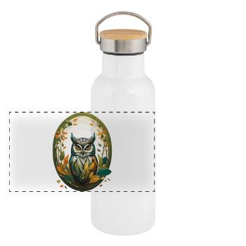 Eule - Panorama Thermosflasche mit Bambusdeckel - Weiß - Vorne