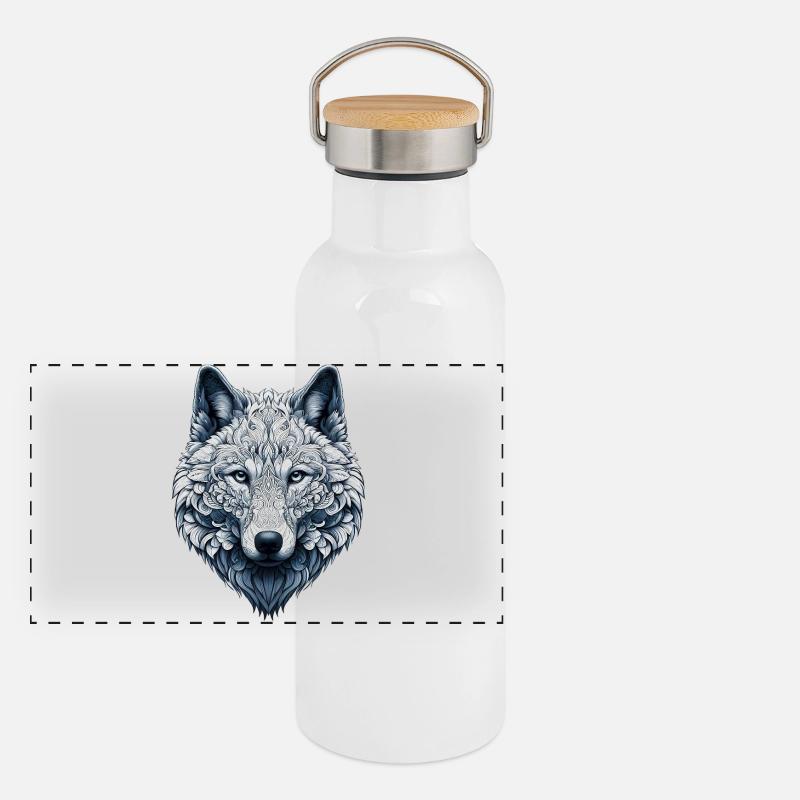 Wolf mit Mandalas verziert Panorama Thermosflasche mit Bambusdeckel