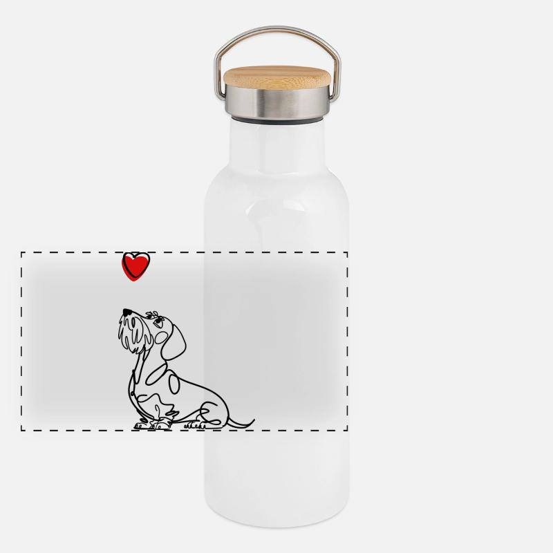 Rauhaadackel mit Herz, Dackel mit Herz. Panorama Thermosflasche mit Bambusdeckel