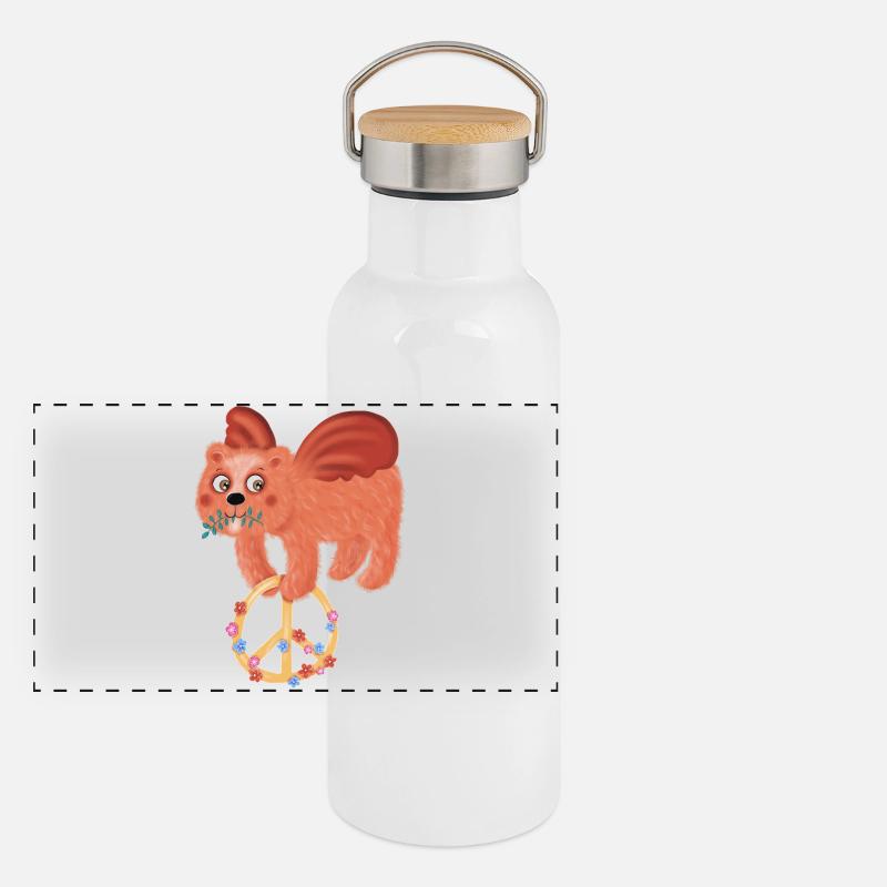 Peace bear Bruno flies for peace - Panoramic Thermal Bottle with Bamboo Lid - white