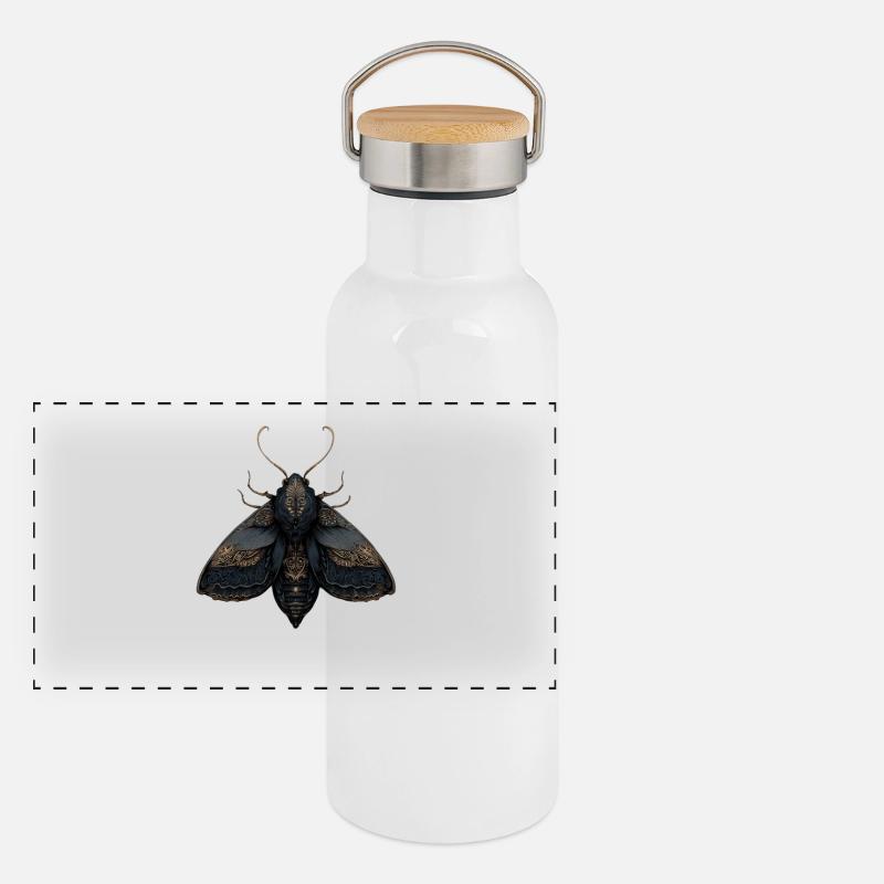 Illustration de papillon de nuit ornée avec des détails complexes Gourde isotherme avec bouchon en bambou