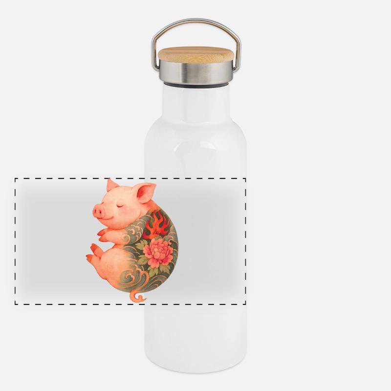 Tätowiertes Ferkel – Friedliche Tinte Panorama Thermosflasche mit Bambusdeckel