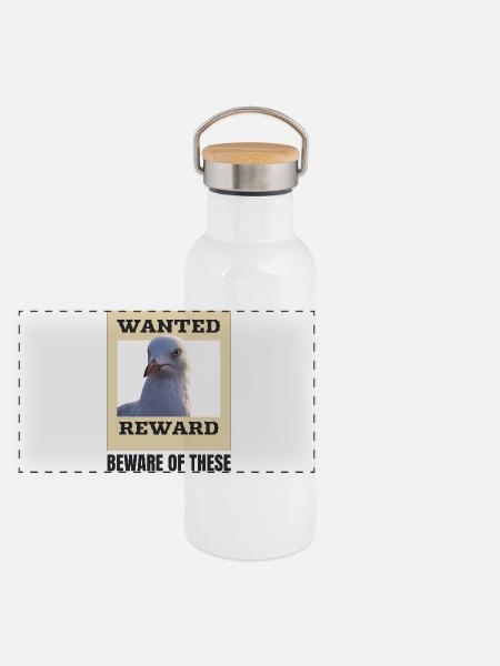 Humorvolles Möwe-Fahndungsposter - Panorama Thermosflasche mit Bambusdeckel - Weiß