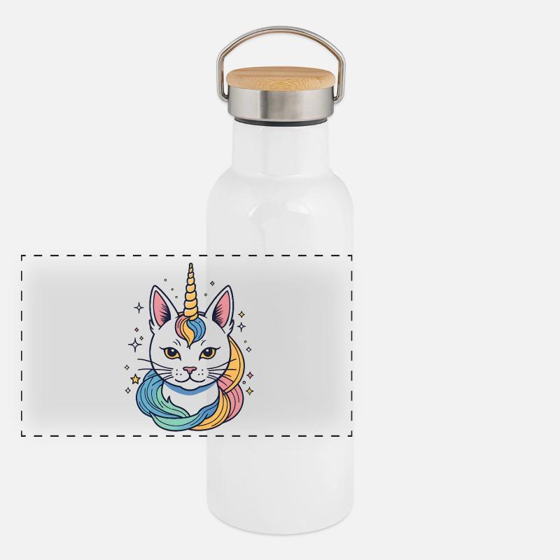 Regenbogen Einhorn Katze Panorama Thermosflasche mit Bambusdeckel