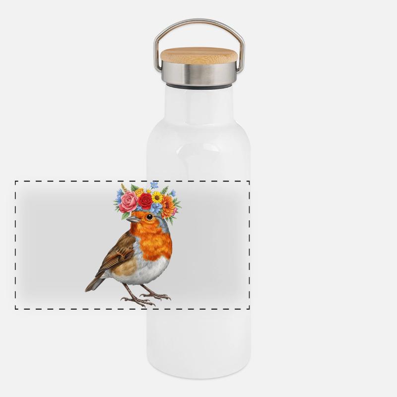Rouge-gorge floral Gourde isotherme avec bouchon en bambou