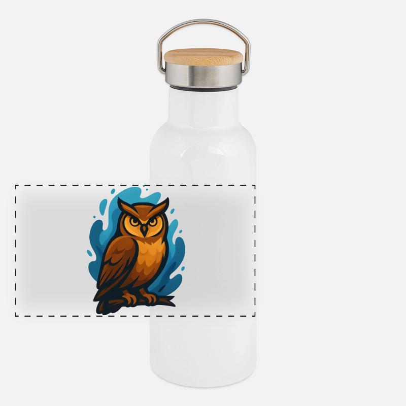 Brown owl against blue waves Panoramic Thermal Bottle with Bamboo Lid