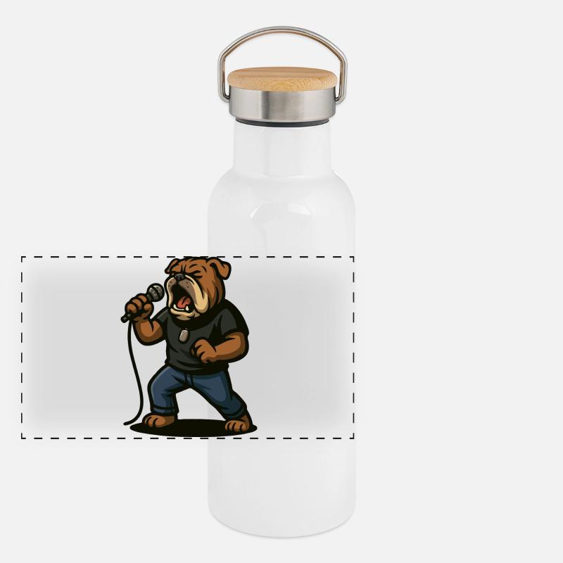 Rocksängerin Bulldogge mit Mikrofonkunst Panorama Thermosflasche mit Bambusdeckel