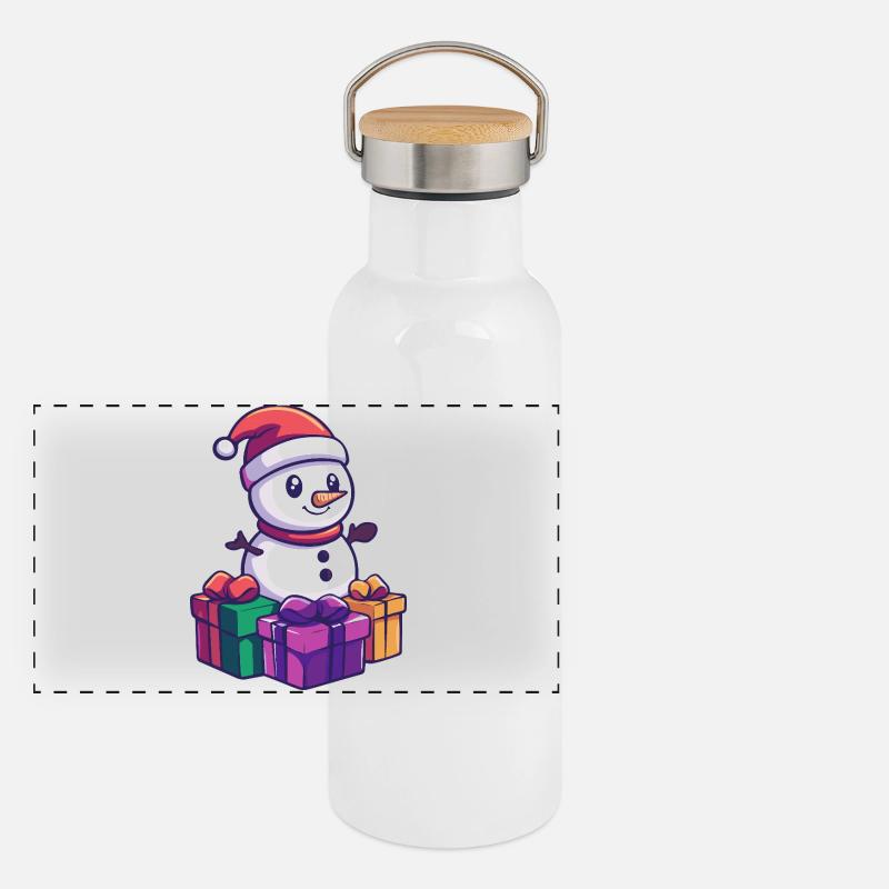 Schneemann Weihnachten Geschenke Panorama Thermosflasche mit Bambusdeckel