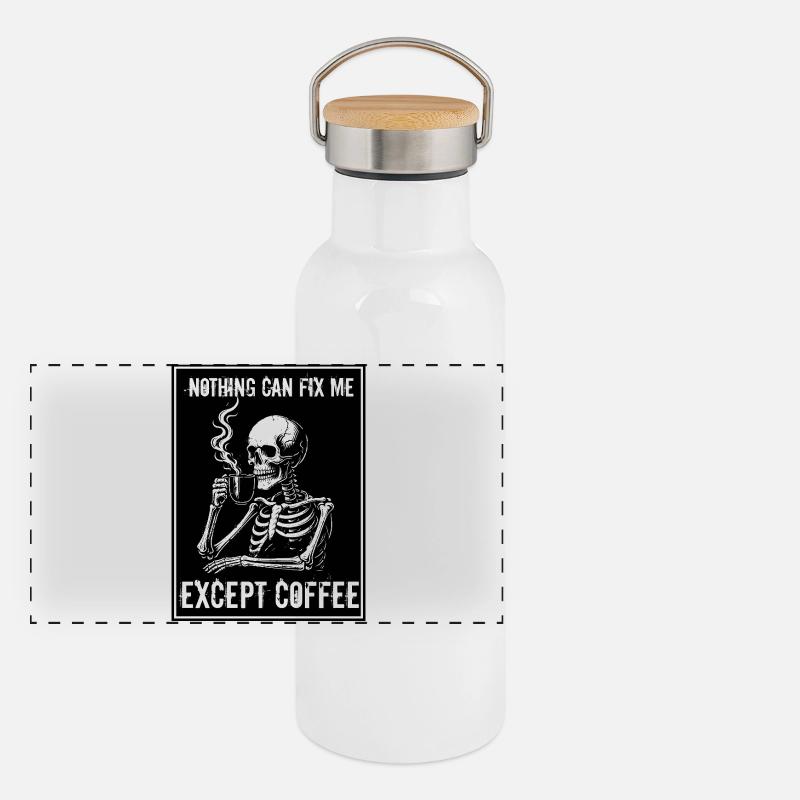 Vintage Skeleton Drinking Coffee - Nothing Can Fix Panorama Thermosflasche mit Bambusdeckel