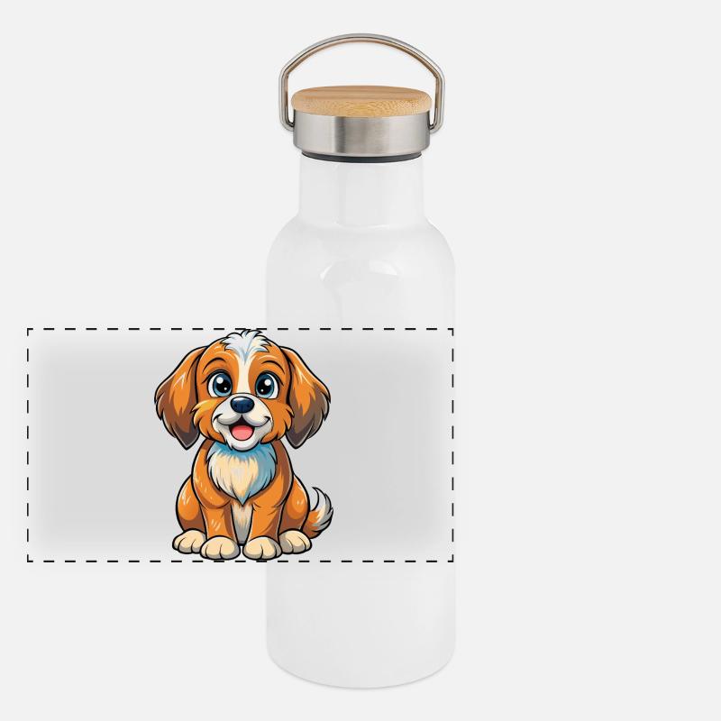 Sitzender Welpe Panorama Thermosflasche mit Bambusdeckel